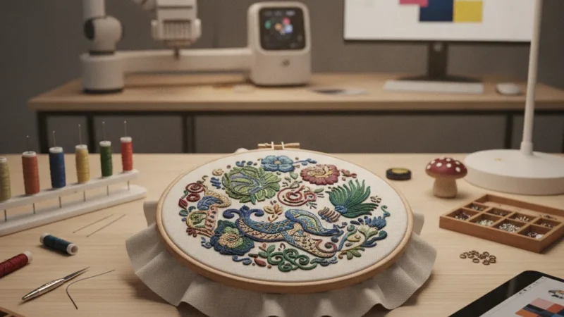 Illustration d’un espace de broderie avec machine, écran, bobines et ouvrages brodés