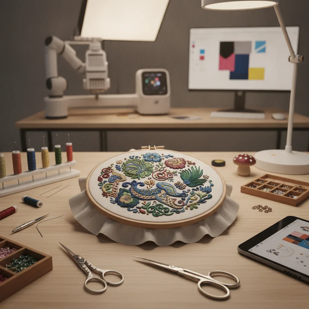 Illustration d’un espace de broderie avec machine, écran, bobines et ouvrages brodés