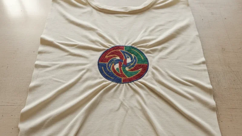 T-shirt clair présentant des plis autour d’un motif brodé multicolore