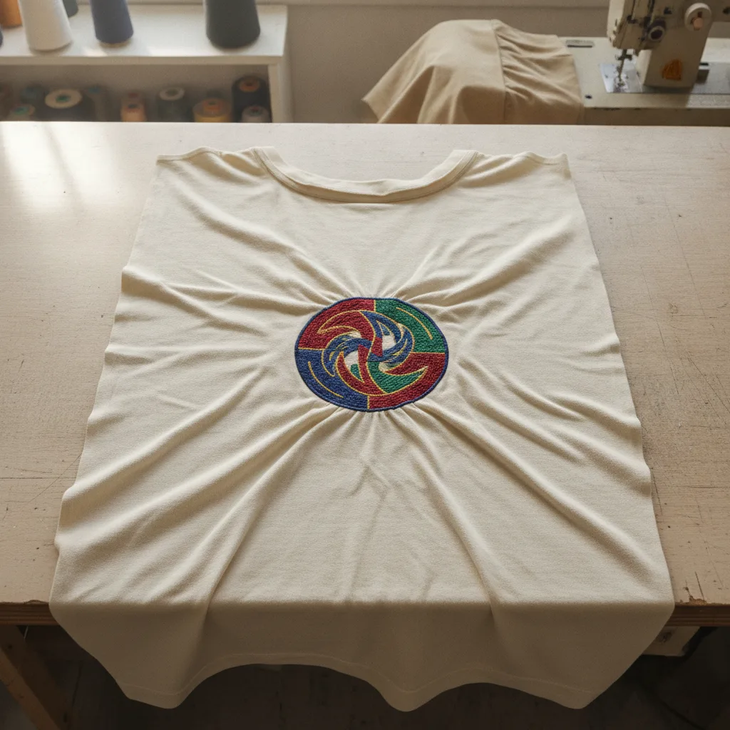 T-shirt clair présentant des plis autour d’un motif brodé multicolore